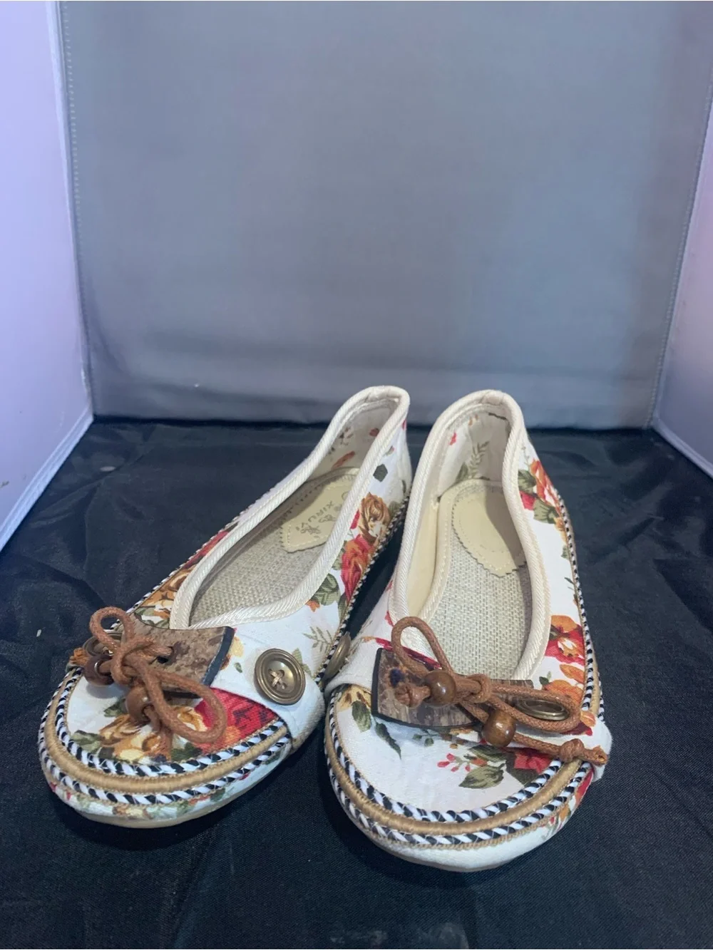 Floral Canvas Slip-On Flats with Brown Bow Detail - White Floral